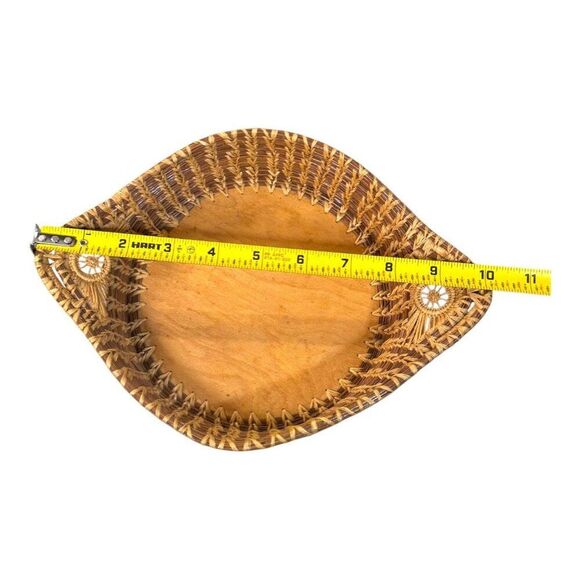 Handcrafted Pine Needle Straw Woven Rattan & Wood Decorative Basket Dish Handles - Picture 5 of 7